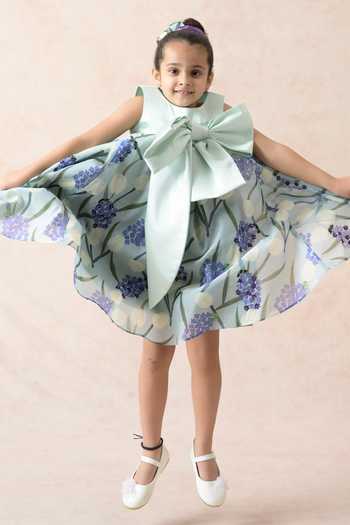 Thetaa_Blue Polyester, Viscose Bows Front Flared Dress _Online_at_Aza_Fashions