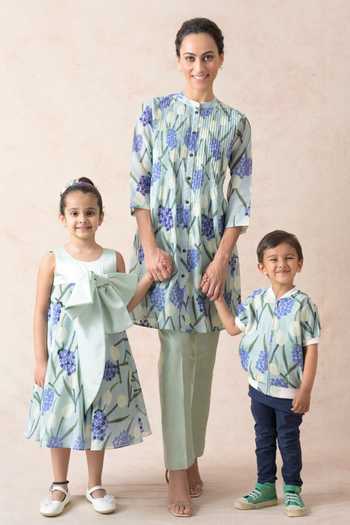 Buy_Thetaa_Blue Polyester, Viscose Bows Front Flared Dress _Online_at_Aza_Fashions