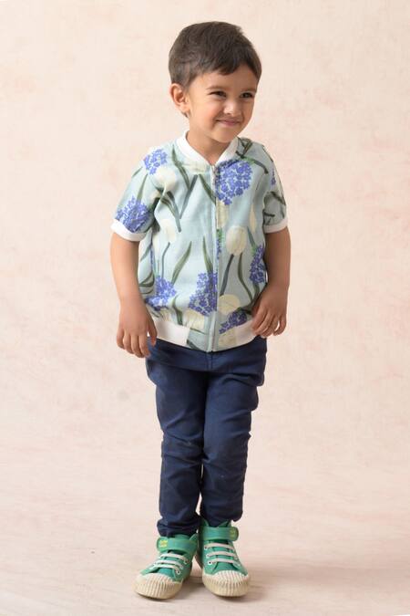 Buy Thetaa Blue Cotton, Polyester, Satin Embroidery Tulip Print Bomber Jacket Online at Aza Fashions Buy_Thetaa_Blue Cotton, Polyester, Satin Embroidery Tulip Print Bomber Jacket _Online_at_Aza_Fashions