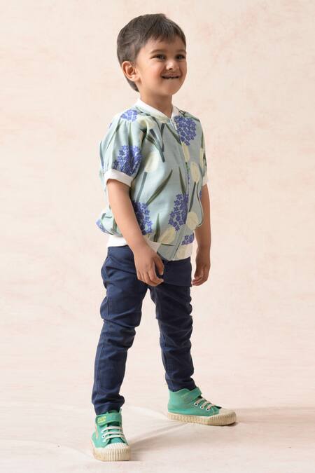 Shop Thetaa Blue Cotton, Polyester, Satin Embroidery Tulip Print Bomber Jacket Online at Aza Fashions Shop_Thetaa_Blue Cotton, Polyester, Satin Embroidery Tulip Print Bomber Jacket _Online_at_Aza_Fashions