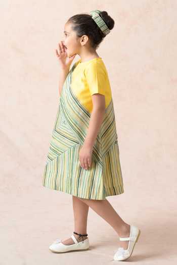 Thetaa_Multi Color Chanderi Silk, Cotton, Polyester Side Stripe Print Panel Dress _Online_at_Aza_Fashions