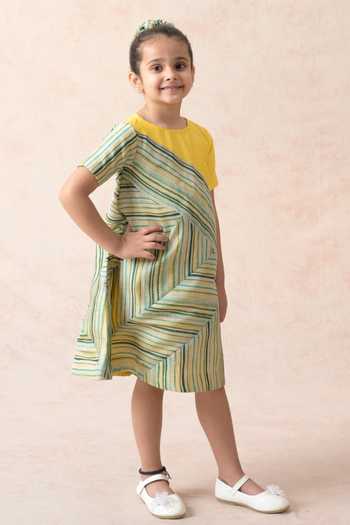 Buy_Thetaa_Multi Color Chanderi Silk, Cotton, Polyester Side Stripe Print Panel Dress _Online_at_Aza_Fashions