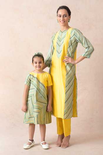 Shop_Thetaa_Multi Color Chanderi Silk, Cotton, Polyester Side Stripe Print Panel Dress _Online_at_Aza_Fashions