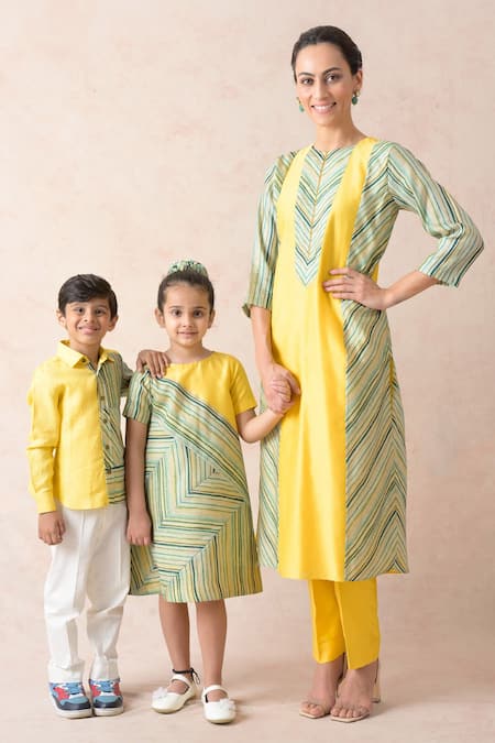Thetaa_Yellow Polyester, Linen Stripe Print Side Panel Shirt _Online_at_Aza_Fashions