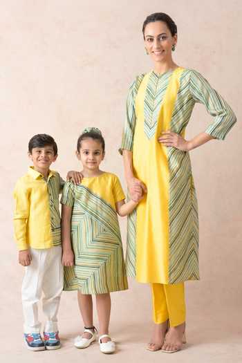 Thetaa_Multi Color Chanderi Silk, Cotton, Polyester Side Stripe Print Panel Dress _at_Aza_Fashions