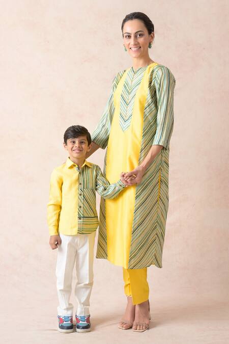 Buy_Thetaa_Yellow Polyester, Linen Stripe Print Side Panel Shirt _Online_at_Aza_Fashions
