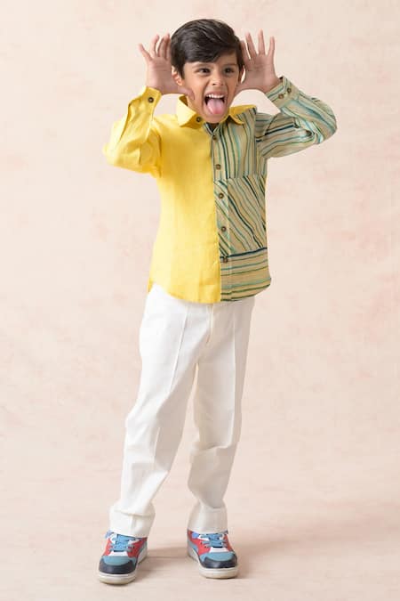 Shop_Thetaa_Yellow Polyester, Linen Stripe Print Side Panel Shirt _Online_at_Aza_Fashions