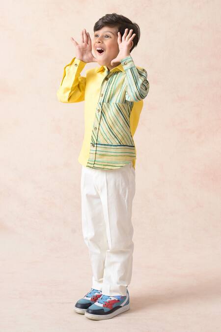 Thetaa_Yellow Polyester, Linen Stripe Print Side Panel Shirt _at_Aza_Fashions