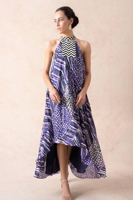 Thetaa_Purple Cotton, Silk Halter Neck Abstract Print Dress_Online_at_Aza_Fashions