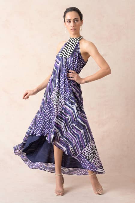 Buy_Thetaa_Purple Cotton, Silk Halter Neck Abstract Print Dress_Online_at_Aza_Fashions