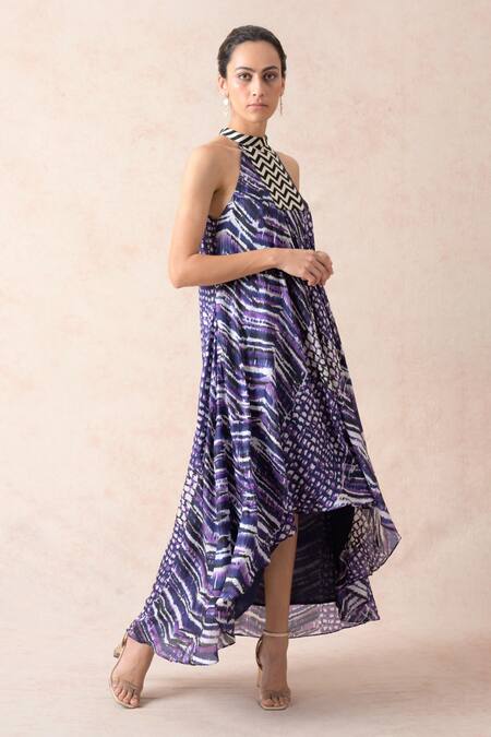 Shop_Thetaa_Purple Cotton, Silk Halter Neck Abstract Print Dress_Online_at_Aza_Fashions