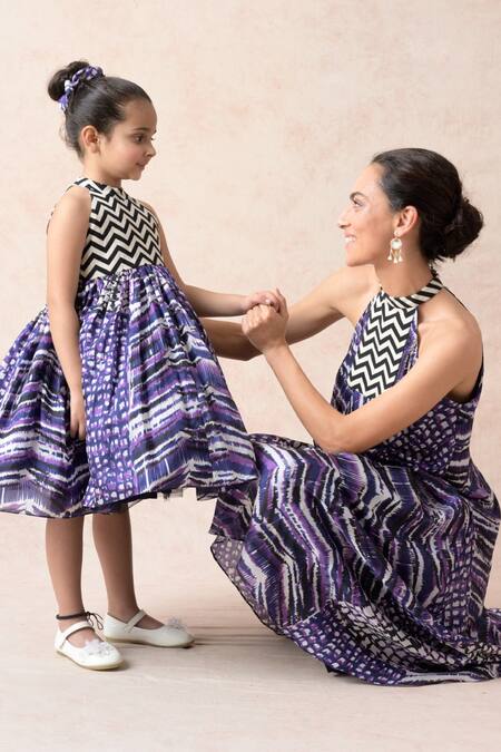 Thetaa_Purple Cotton, Silk Halter Neck Abstract Print Dress_at_Aza_Fashions