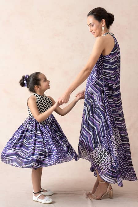 Buy_Thetaa_Purple Cotton, Silk Halter Neck Abstract Print Dress