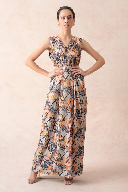 Thetaa_Multi Color Viscose Sequins V-neck Jungle Print Pleated Gown_Online_at_Aza_Fashions