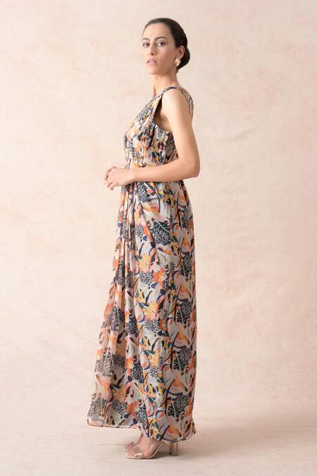 Buy_Thetaa_Multi Color Viscose Sequins V-neck Jungle Print Pleated Gown_Online_at_Aza_Fashions