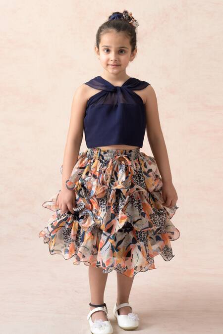 Thetaa_Blue Cotton, Viscose Ruffles Halter Neck Top With Tiered Skirt _Online_at_Aza_Fashions