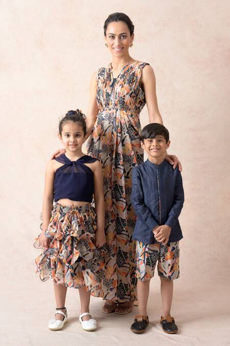 Shop_Thetaa_Multi Color Viscose Sequins V-neck Jungle Print Pleated Gown_Online_at_Aza_Fashions