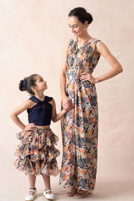 Buy_Thetaa_Blue Cotton, Viscose Ruffles Halter Neck Top With Tiered Skirt _Online_at_Aza_Fashions