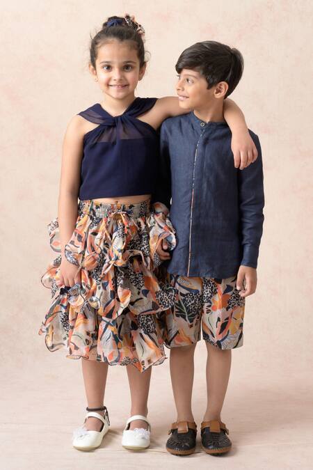 Shop Thetaa Blue Cotton, Linen Solid Shirt With Abstract Print Shorts Online at Aza Fashions Shop_Thetaa_Blue Cotton, Linen Solid Shirt With Abstract Print Shorts _Online_at_Aza_Fashions