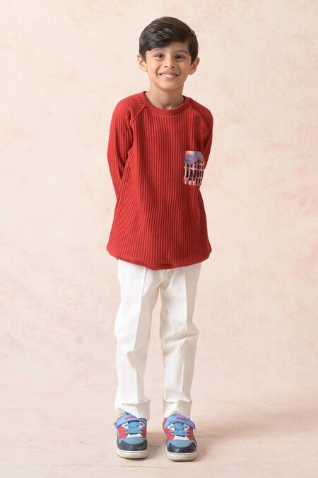 Thetaa_Red Cotton, Viscose Textured Stripe Sweatshirt _Online_at_Aza_Fashions