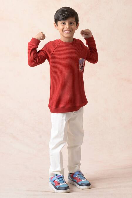 Buy_Thetaa_Red Cotton, Viscose Textured Stripe Sweatshirt _Online_at_Aza_Fashions