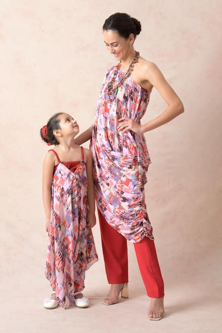 Thetaa Pink Viscose, Cotton, Lycra One Abstract Print Cowl Draped Tunic And Pant Set Online at Aza Fashions Thetaa_Pink Viscose, Cotton, Lycra One Abstract Print Cowl Draped Tunic And Pant Set _Online_at_Aza_Fashions