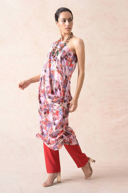 Buy Thetaa Pink Viscose, Cotton, Lycra One Abstract Print Cowl Draped Tunic And Pant Set Online at Aza Fashions Buy_Thetaa_Pink Viscose, Cotton, Lycra One Abstract Print Cowl Draped Tunic And Pant Set _Online_at_Aza_Fashions
