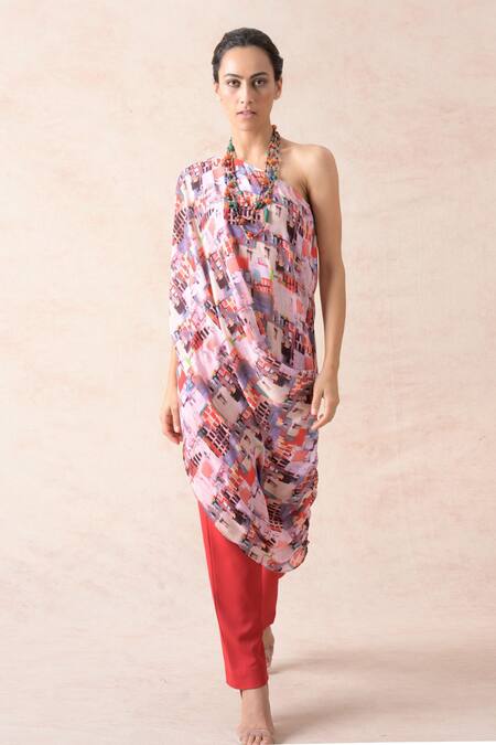 Shop Thetaa Pink Viscose, Cotton, Lycra One Abstract Print Cowl Draped Tunic And Pant Set Online at Aza Fashions Shop_Thetaa_Pink Viscose, Cotton, Lycra One Abstract Print Cowl Draped Tunic And Pant Set _Online_at_Aza_Fashions