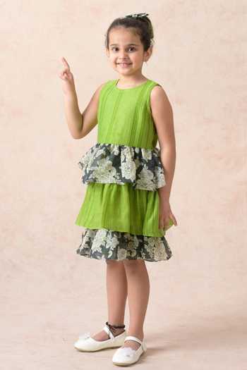Thetaa_Green Chanderi Silk, Cotton Embroidery Blossom Print Tiered Dress _Online_at_Aza_Fashions