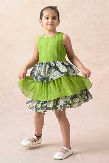 Buy_Thetaa_Green Chanderi Silk, Cotton Embroidery Blossom Print Tiered Dress _Online_at_Aza_Fashions