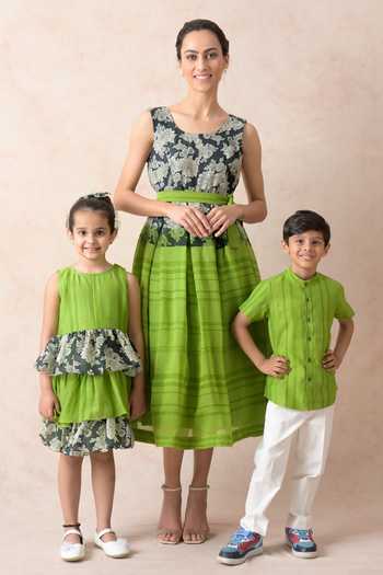 Shop_Thetaa_Green Chanderi Silk, Cotton Embroidery Blossom Print Tiered Dress _Online_at_Aza_Fashions