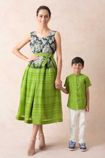 Thetaa_Green Cotton, Chanderi Silk Stripe Print Shirt _Online_at_Aza_Fashions