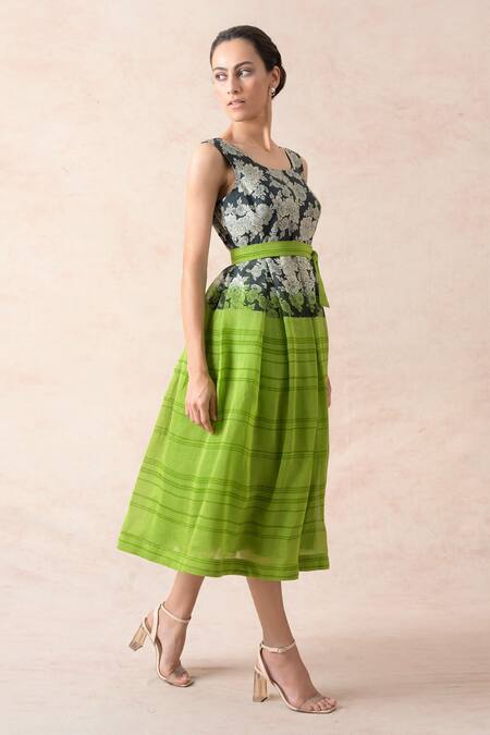 Shop Thetaa Green Chanderi Silk, Net Embroidery Scoop Neck Floral Print Box Pleated Dress Online at Aza Fashions Shop_Thetaa_Green Chanderi Silk, Net Embroidery Scoop Neck Floral Print Box Pleated Dress _Online_at_Aza_Fashions