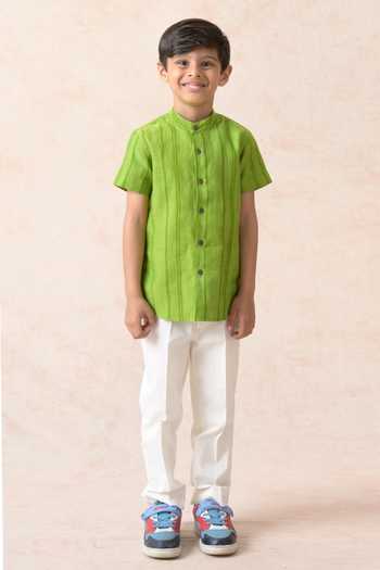 Buy_Thetaa_Green Cotton, Chanderi Silk Stripe Print Shirt _Online_at_Aza_Fashions