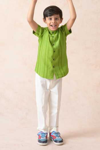 Shop_Thetaa_Green Cotton, Chanderi Silk Stripe Print Shirt _Online_at_Aza_Fashions