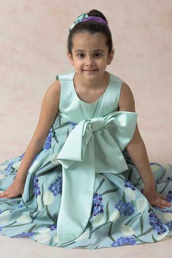 Shop_Thetaa_Blue Polyester, Viscose Bows Front Flared Dress _Online_at_Aza_Fashions