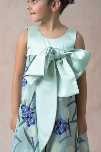 Thetaa_Blue Polyester, Viscose Bows Front Flared Dress _at_Aza_Fashions
