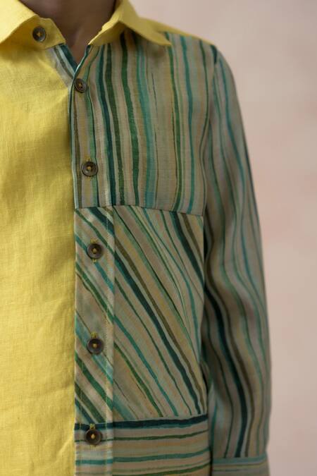 Buy_Thetaa_Yellow Polyester, Linen Stripe Print Side Panel Shirt 
