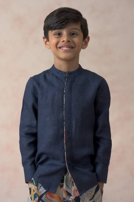 Thetaa Blue Cotton, Linen Solid Shirt With Abstract Print Shorts at Aza Fashions Thetaa_Blue Cotton, Linen Solid Shirt With Abstract Print Shorts _at_Aza_Fashions