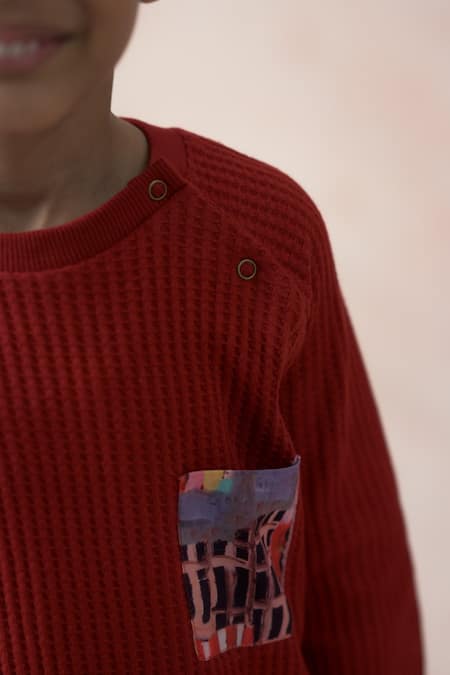 Buy_Thetaa_Red Cotton, Viscose Textured Stripe Sweatshirt 