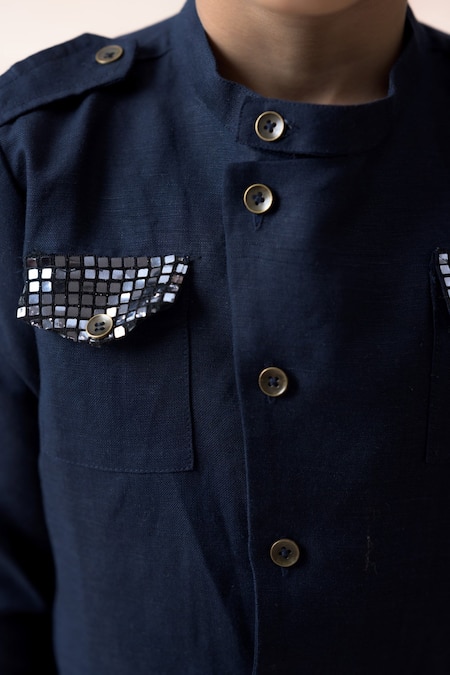 Thetaa_Blue Linen, Lycra Embroidery, Sequins Solid Shirt With Stripe Pattern Pant_at_Aza_Fashions