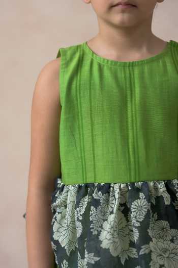 Thetaa_Green Chanderi Silk, Cotton Embroidery Blossom Print Tiered Dress _at_Aza_Fashions