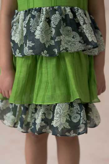 Buy_Thetaa_Green Chanderi Silk, Cotton Embroidery Blossom Print Tiered Dress 