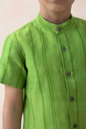Thetaa_Green Cotton, Chanderi Silk Stripe Print Shirt _at_Aza_Fashions