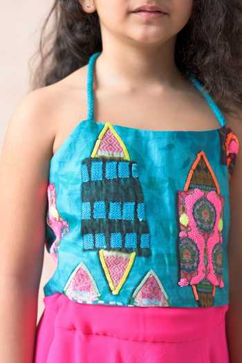 Thetaa_Blue Chanderi , Organza, Halter Neck Embellished Blouse Lehenga Set _at_Aza_Fashions