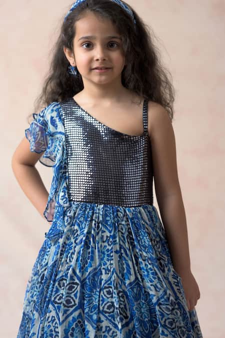 Thetaa_Blue Polyester, Lycra, Viscose Sequins, Embroidery Embellished Fit And Flare Dress _at_Aza_Fashions