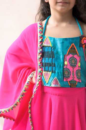 Buy_Thetaa_Blue Chanderi , Organza, Halter Neck Embellished Blouse Lehenga Set 