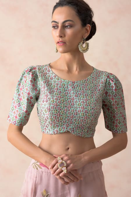 Shop_Thetaa_Pink Chanderi , Organza, Cotton Floral Hand Painted Lehenga Set 