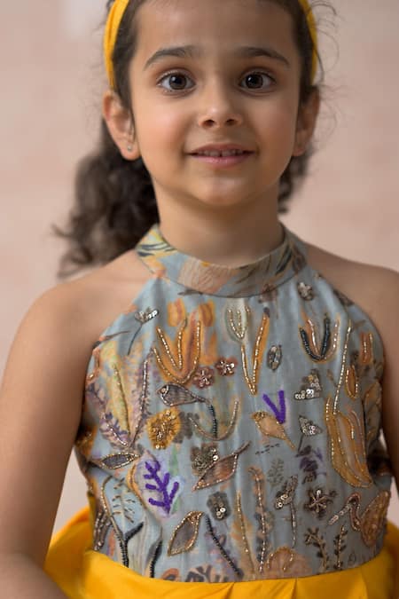 Thetaa_Grey Chanderi , Organza, Viscose Embroidery Garden Print Flared Gown _at_Aza_Fashions