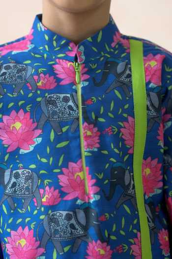 Buy_Thetaa_Blue Cotton, Polyester Embroidery Lotus Print Kurta With Pant 